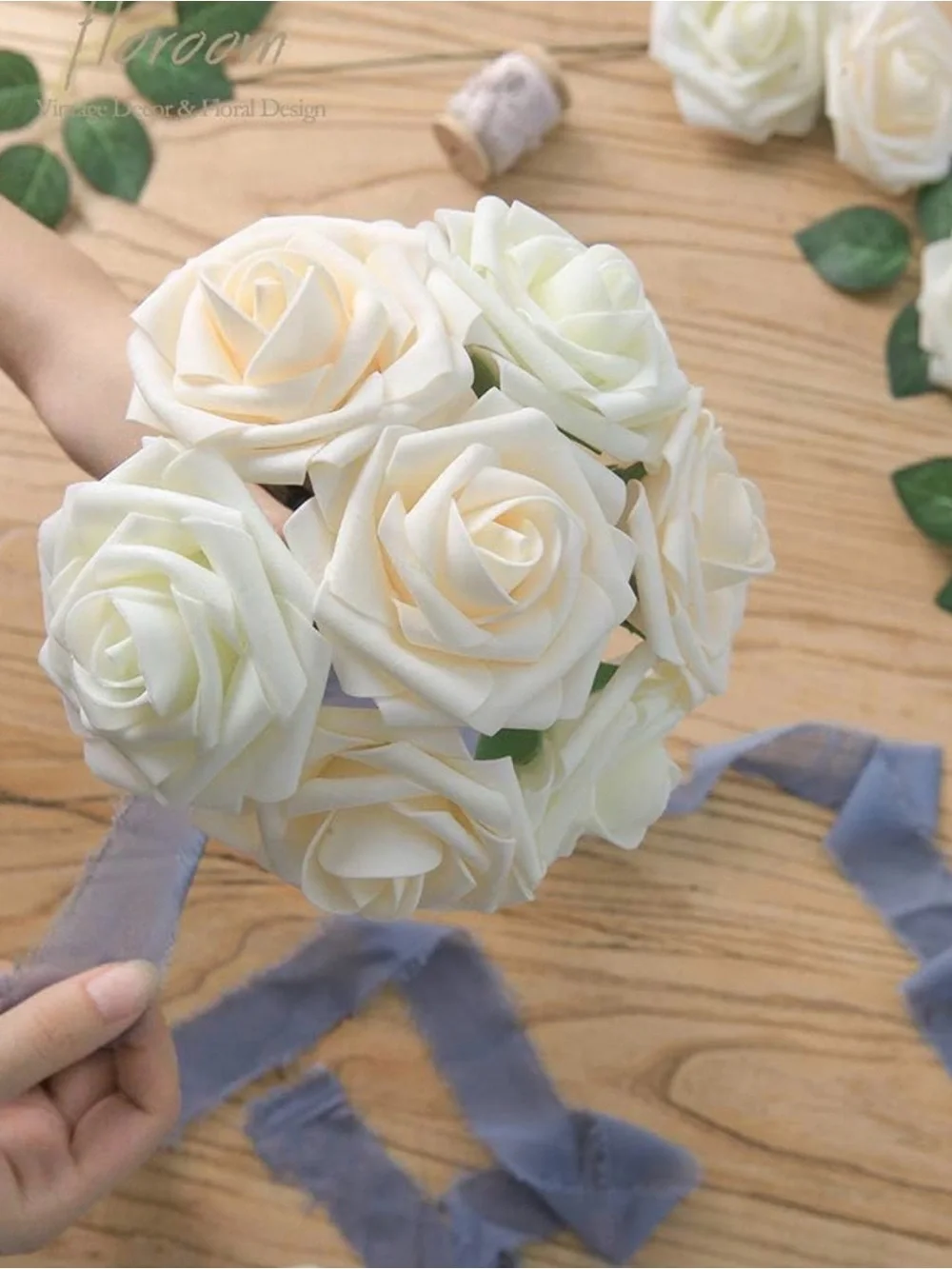 Floroom Artificial Flowers 25pcs Real Looking Ivory Foam Fake Roses with Stem